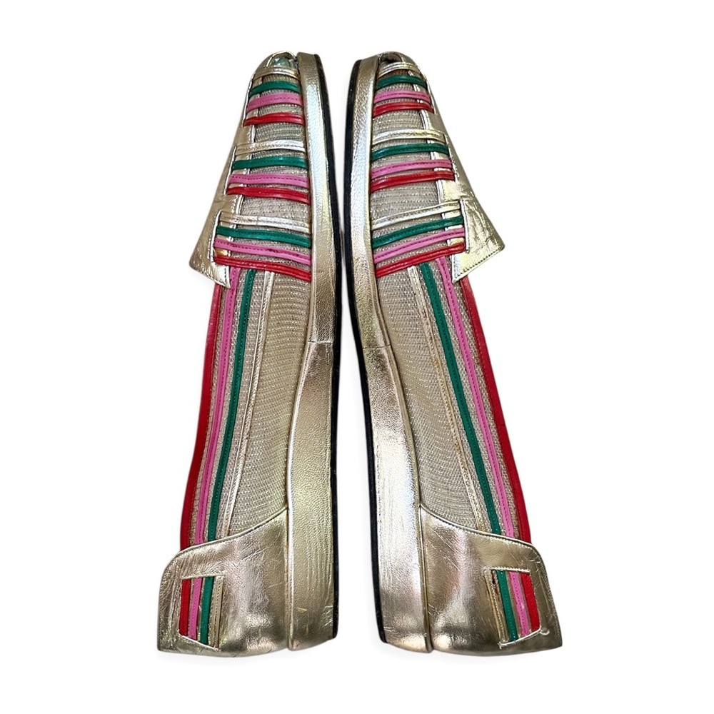 Vintage Mario Valentino Multi-Colored Striped Flats w/Gold Leather Trim, sz 8